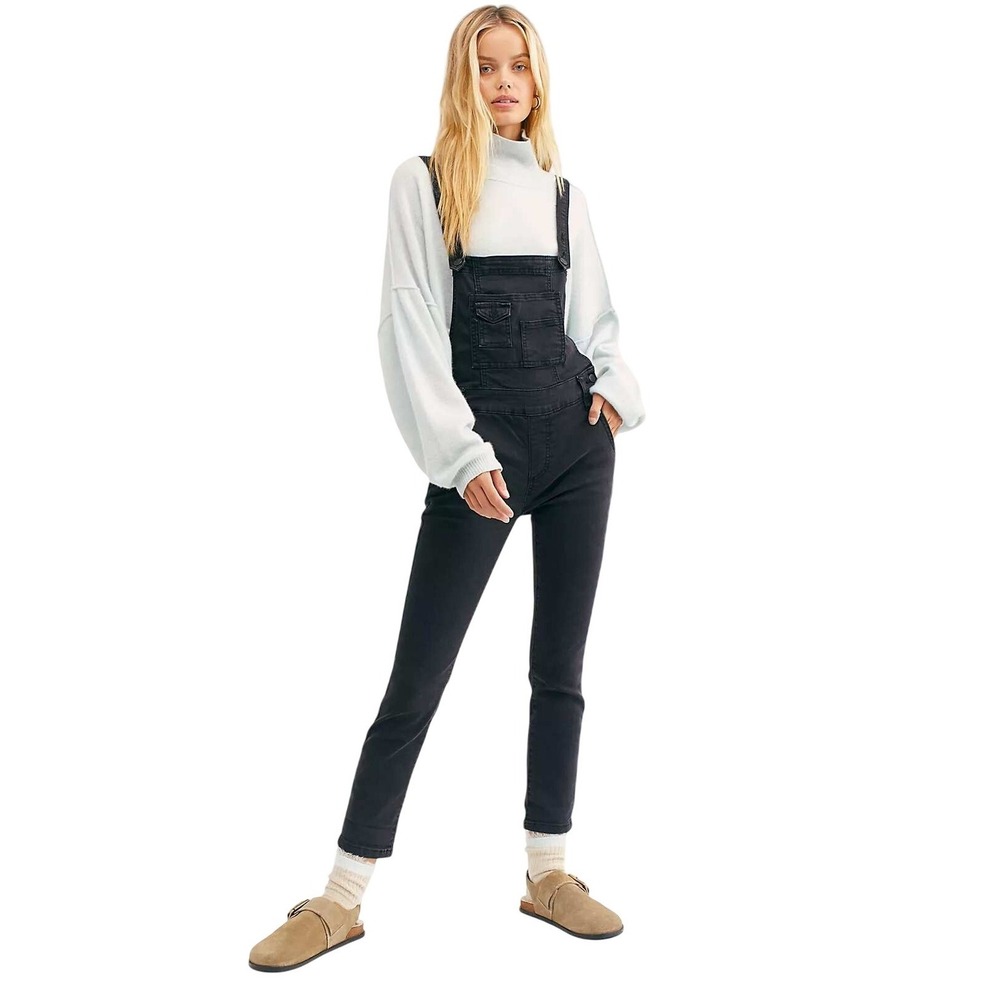 Free People Washed Black Denim Skinny Leg Overalls Size W26